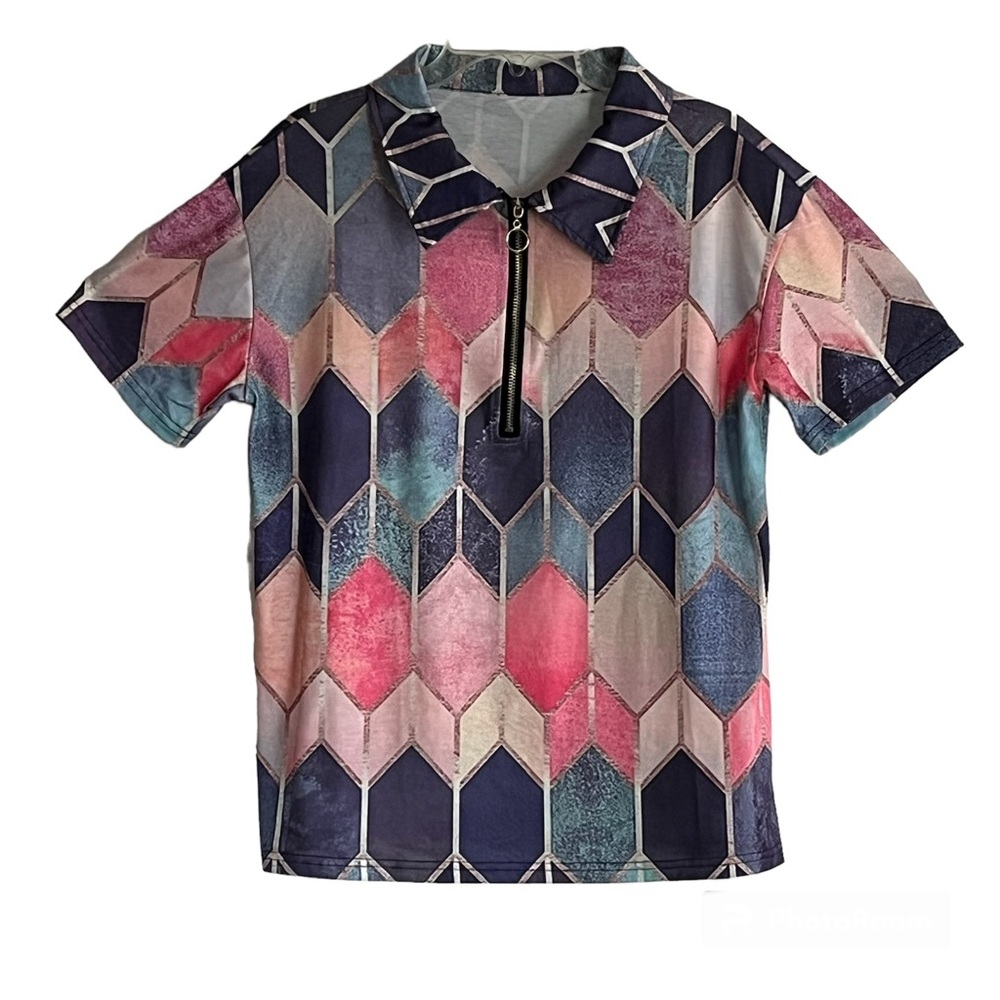Watercolor Zip Collar Short-Sleeve Chevron Geo Print Golf Shirt Perfect NWT